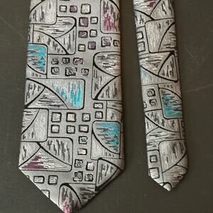 Paco Rabanne Silk Tie Abstract Geometric Pattern Silver Gray Paris Designer